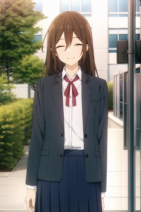 (masterpiece), high quality, (detailed background:1.2), 1girl, solo,
<lora:Yuriko-v1-06:0.6>, ChopioYuriko, brown hair, medium hair, hair between eyes, closed eyes, (looking at viewer:1.3),
straight hair,
outfit_2, grey blazer, open blazer, neck ribbon, red ribbon, collared shirt, white shirt, partially unbuttoned, shirt tucked in, pleated skirt, blue skirt, long skirt,
school, outdoors, snowing, snow,
standing, smile,