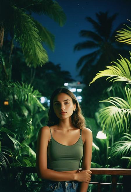 realistic photo, 1girl, analog film photo, upper body, outdoor, 25yo,  ultra realistic, highres, solo,  tropical forest, chill vibe, masterpiece, best quality, night city, outdoors