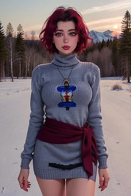 photo of <lora:rocketbabey-11:0.8>, rocketbabey, a woman, ((best quality, masterpiece))(cowboy shot, waist, hips, thighs), (walking), (colorful tight turtleneck sweater dress):1.2), (red lipstick, eye shadow, eyeliner, blush),  (short hair), outdoors, snow, forest, sunrise, smile, ((detailed eyes, detailed face):1.2)