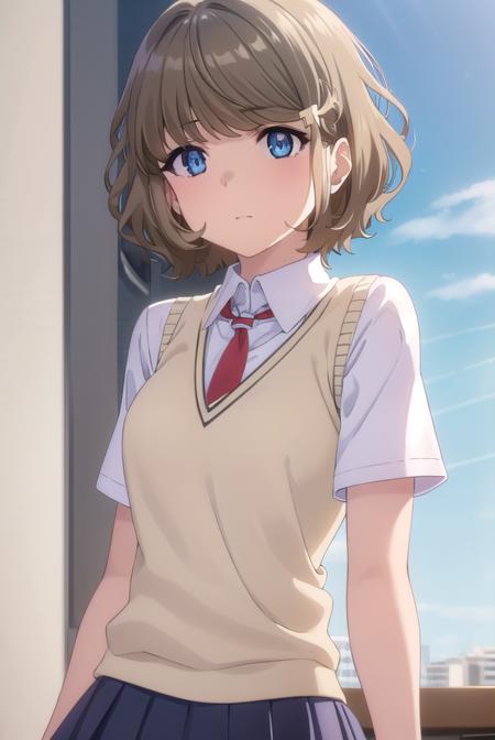 tomoekoga, <lora:tomoe koga s1-lora-nochekaiser:1>, 
tomoe koga, short hair, brown hair, blue eyes, hair clip,
BREAK skirt, shirt, school uniform, white shirt, short sleeves, pleated skirt, necktie, collared shirt, red necktie, sweater vest,
BREAK indoors, classroom,
BREAK looking at viewer, (cowboy shot:1.5),
BREAK <lyco:GoodHands-beta2:1>, (masterpiece:1.2), best quality, high resolution, unity 8k wallpaper, (illustration:0.8), (beautiful detailed eyes:1.6), extremely detailed face, perfect lighting, extremely detailed CG, (perfect hands, perfect anatomy),