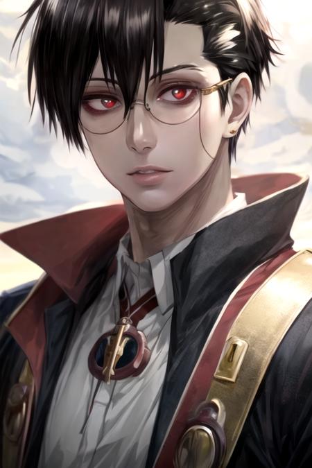 masterpiece, best quality, photorealistic, 1boy, solo, male focus, looking at viewer, , , , realistic, <lora:braz_d_blood:0.80>, braz_d_blood, black hair, red eyes, glasses, , , , world war 2, HDR