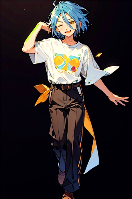 <lora:HiMERU-03:0.7> , himeru, solo, looking at viewer, smile, short hair, simple background, shirt, 1boy, hair between eyes, blue hair, standing, full body, yellow eyes, white shirt, male focus, one eye closed, shoes, belt, pants, chibi, brown footwear, black pants, black background, t-shirt, outline, ;), print shirt