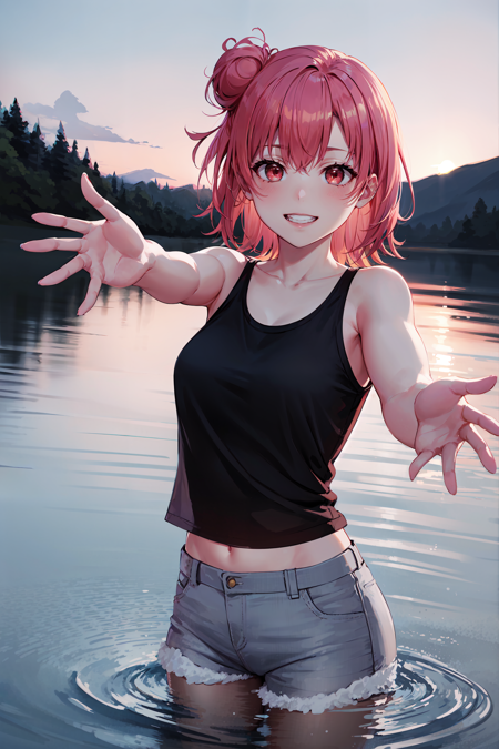 masterpiece, best quality, cowboy shot, looking at viewer, grin, yui yuigahama, short hair, single hair bun, crop top, shorts, reaching out, partially submerged, outdoors, lake, <lora:yui_yuigahama_v2:1>