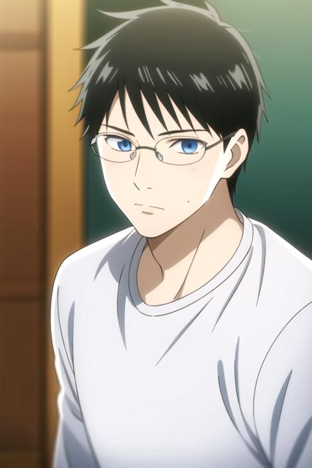 masterpiece, best quality, , 1boy, solo, male focus, looking at viewer, upper body, depth of field, <lora:arata_wataya:0.74>, arata_wataya, black hair, blue eyes, glasses