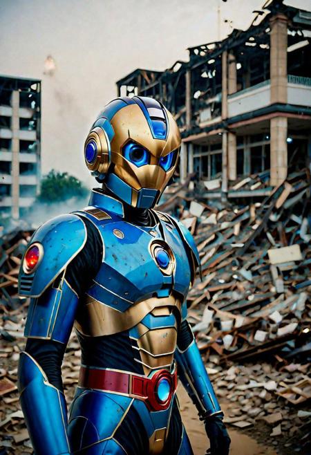 Portrait Photo of a golden megaman who is standing looking at how his city has been destroyed by a nuclear bomb. He has just arrived at the disaster and observes the horror of the destruction, ruined buildings full of smoke and flames, ground full of rubble with skeletons lying around In the dawn light floods the scene, the man is completely dressed in normal clothes and wet, he is dirty, everything is a disaster, the sky is cloudy and it is raining,(beautiful face:1.6), Fujifilm XT3,film still,film grain,cinematic,soldier accessories,war style, professional photo,best quality and best aesthetic,Award-winning artistic photos,Outdoors,public places,( detailed in background:1.6)Perfil,18-20 (dirty:1.8)