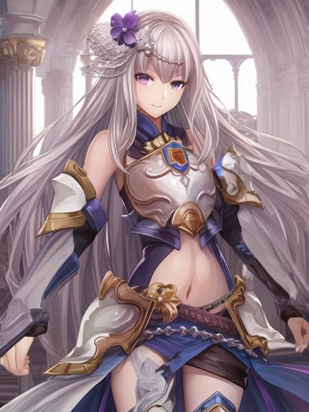 1girl, <lora:Carcassonne_v1:0.8>Carcassonne,purple hair, long hair, straight hair, hair ornament, armor, armor leg,
standing,, <lora:flatBG:-0.5> ,<lora:flat2:-0.5>,(dark light:1.2),(hyper extreme detailed),(masterpeace:0.5),(hyper extreme),(photorealistic),game cg,llustration,novel illustration,beautiful lighting,light from the front,good_hands,beautiful art ,BREAK, <lyco:GoodHands-beta2:1.2>,(good hand,nice hands, perfect hands:1.3),(five finger:1.4),straight fingers,perfect fingers,beauty fingers,beauty  hand,