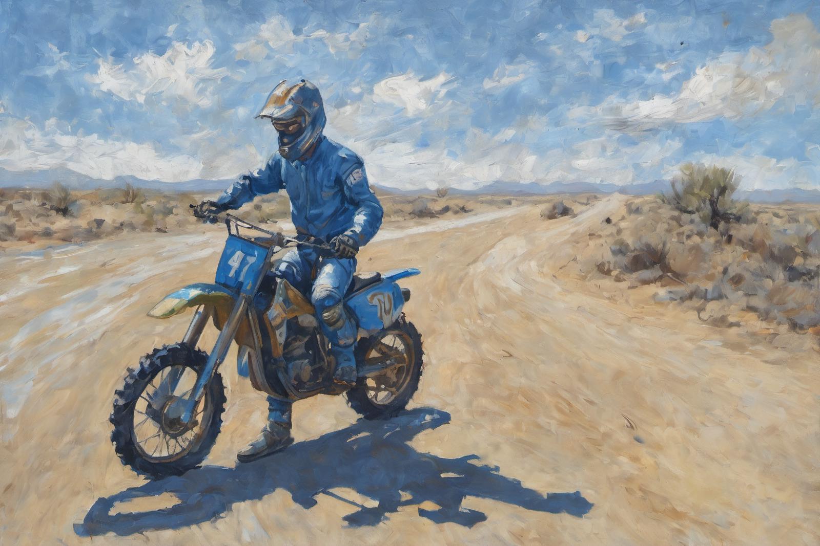 A man riding a blue dirt bike on a dirt road.