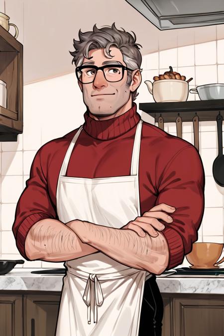 score_9, score_8_up, score_7_up, score_6_up, score_5_up, score_4_up, fordpines, 1boy, solo, male focus, mature male, old man, upper body, muscular, short hair, grey hair, brown eyes, thick eyebrows, glasses, black-framed eyewear, facial hair, stubble, sideburns, white apron,red sweater, black pants, standing, kitchen <lora:Stanford (Ford) Pines SDXL_LoRA_10r_10e_32i_nr32_a16_Pony Diffusion V6 XL:0.7> <lora:Line Art Style LoRA XL:0.7>