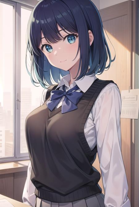 akanekurokawa, <lora:akanekurokawa-lora-nochekaiser:1>,
akane kurokawa, aqua eyes, blue hair, medium hair, sidelocks,
BREAK black sweater vest, blue bow, blue bowtie, bow, bowtie, collared shirt, long sleeves, puffy sleeves, school uniform, shirt, sweater vest, white shirt,
BREAK looking at viewer,
BREAK indoors, classroom,
BREAK <lyco:GoodHands-beta2:1>, (masterpiece:1.2), best quality, high resolution, unity 8k wallpaper, (illustration:0.8), (beautiful detailed eyes:1.6), extremely detailed face, perfect lighting, extremely detailed CG, (perfect hands, perfect anatomy),