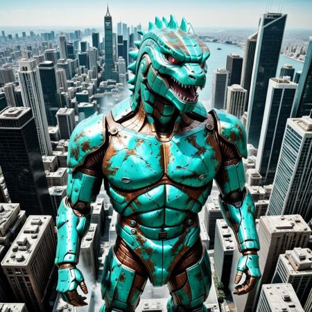 lazympos, depth of field, hyperrealistic, masterpiece, Intricate Design, patina metal skin, pms style,
godzilla robot pms style, towering over city, skyscrapers, view from above