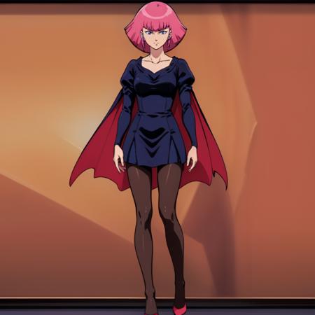 masterpiece,high quality,solo,
<lora:hamankarn064:0.7>,
hamankarn,1girl,
short hair,pink hair,sidelocks,bangs,blue eyes,
cape,black dress,collarbone,puff sleeves,long sleeves,juliet sleeves,
pantyhose,
high heels,
full body,standing,