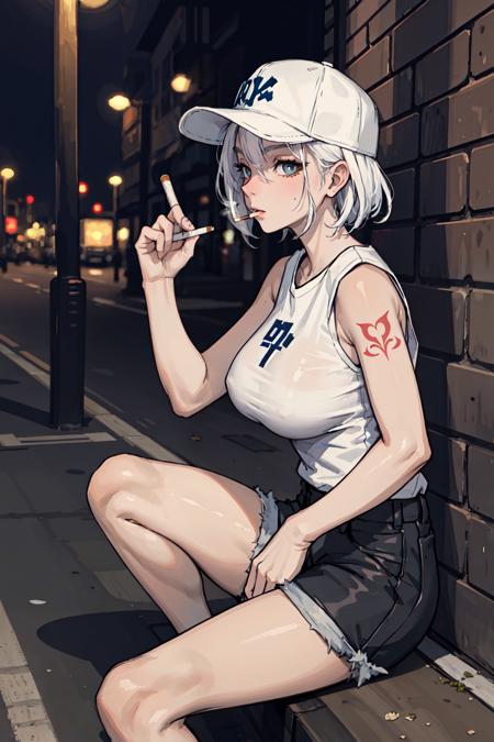 (masterpiece:1.2), 1lady, Night, street, arm tattoo, (smoking, cigarette smoke), baseball cap, crouching, (looking ahead, front focus), big tits, Sleeveless shirt, white hair, shorts hair