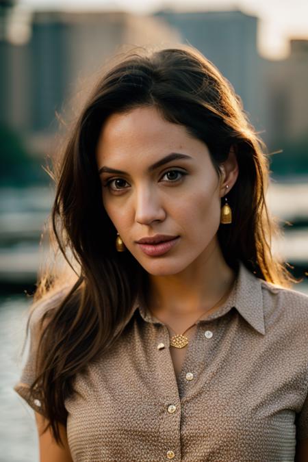 Realistic photo of a beautiful 4ng3l1n4j-v2 woman,  1girl, solo, long hair, looking at viewer, brown hair, shirt, black hair, jewelry, upper body, earrings, lips, realistic, soft lighting, professional Photography, Photorealistic, detailed, RAW, analog, sharp focus, 8k, HD, DSLR, high quality, Fujifilm XT3, film grain, award winning, masterpiece<lora:4ng3l1n4j-v2:1.0>