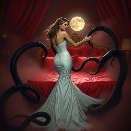 Bride in a sleek, strapless, mermaid-cut wedding gown with delicate lace details and a sweeping train, her hair styled in loose, flowing waves, wearing high heels that glint in the dim light, attempting to struggle free from dark, slithering tentacles that wrap around her waist and arms, pulling her towards a lavish, crimson-hued, wet-look bed with silk sheets and plush pillows, set amidst a thick, eerie fog that swirls around her, illuminated only by the pale glow of a full moon hanging low in the night sky, in the style of H.R. Giger's dark, biomechanical surrealism, combined with the haunting, atmospheric lighting of Zdzisław Beksiński's Gothic paintings, and the intricate, detailed textures of Ash Thorp's dark, futuristic illustrations.