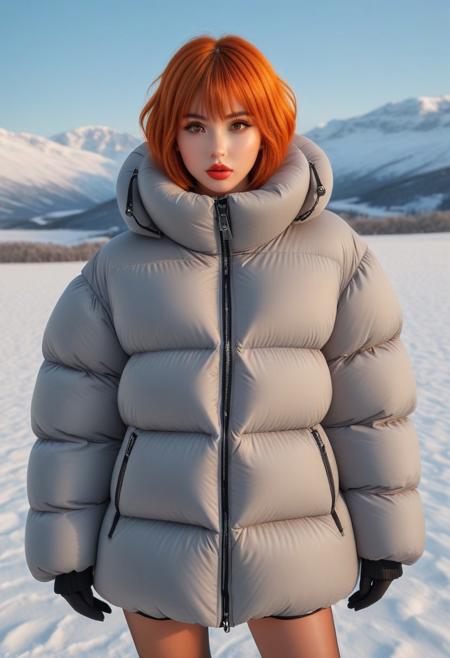Oversized padded down jacket, Oversized padded puffer jacket, Oversized padded winter clothes, down vest, puffer vest, very very cold, cowboy shot, snow, winter, field, snow field, outdoors, nature, standing, landscape, high distinct image, gloves, Realistic, artstation original character, masterpiece, best quality, highres, ultra_detailed, 4k, UHD, pixiv, ligne claire, noise reduced, distinct, vivid, orange hair, unreal engine, orange eyes, hair ornament, sidelighting, detailed face, lipstick, perfect body, beautiful eyes, pretty face, 1girl, bishoujo, cant be this cute, bright skin, young girl, bangs, short hair, padded cuffs, padded collar, Thick padded cuffs, Thick padded collar, <lora:Collar-SDXL:0.6>, <lora:Cuffs-SDXL:0.6>, <lora:Puffer_Jacket_and_Down_Jacket_-_Extra_Puffy_Jackets:0.6>,  <lora:puffer_skirt_v1:0.6>