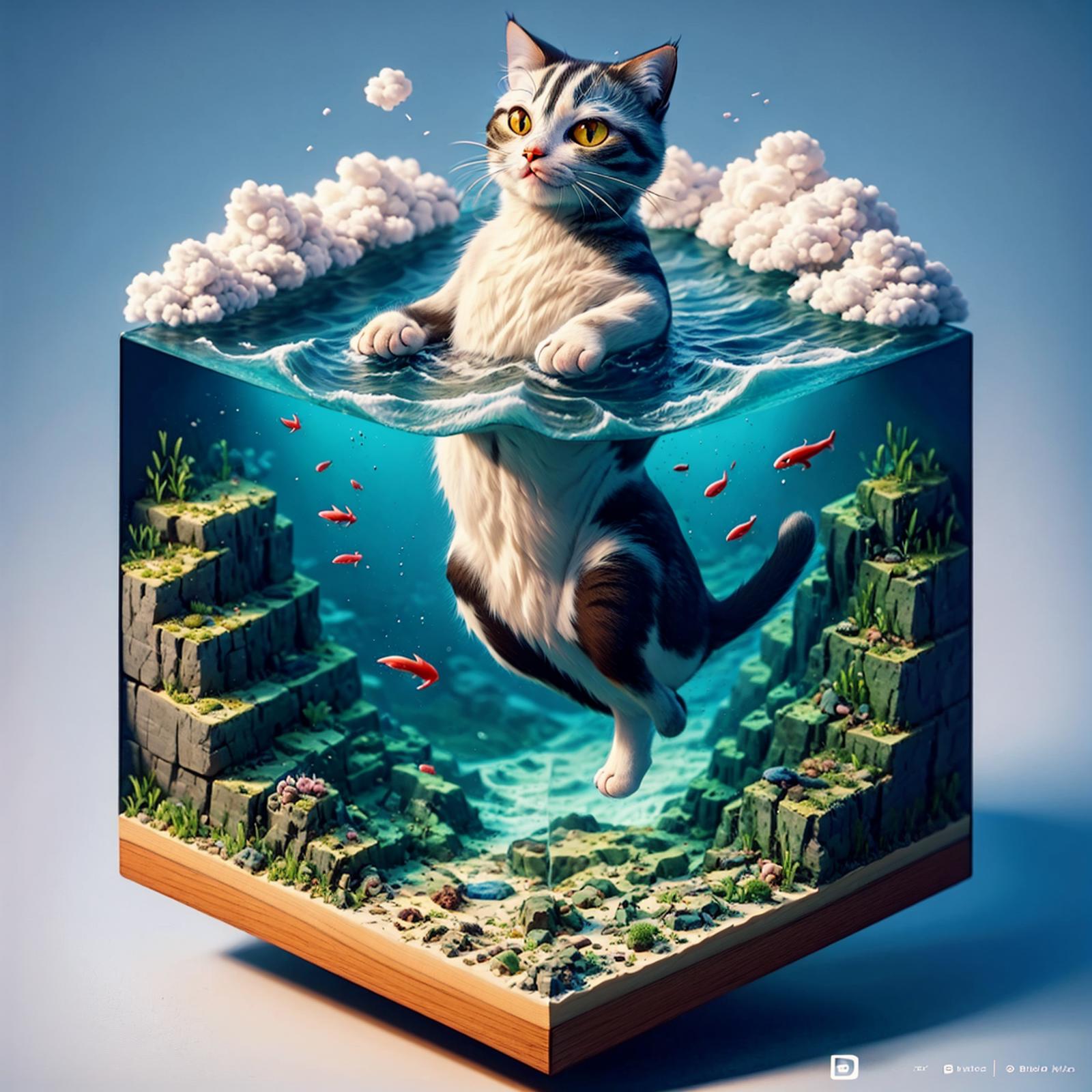 A painting of a cat in the water.