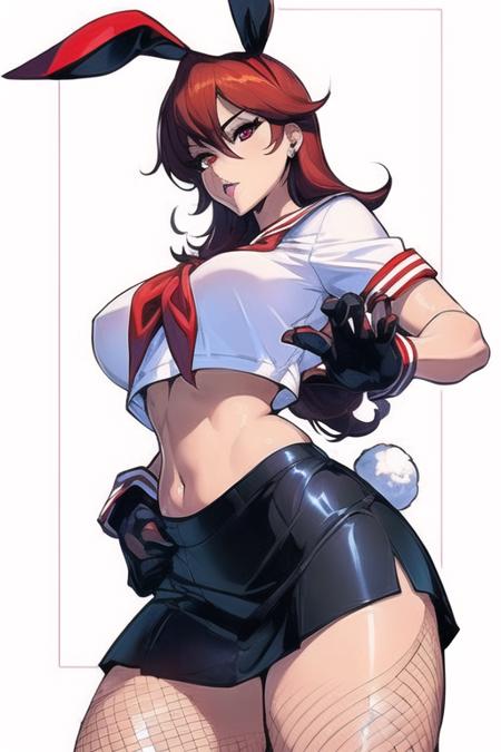 (babycai),(1girls:1.4), (((solo,
 school uniform, serafuku, midriff, crop top, navel, skirt,  neckerchief, 
medium breasts,  red hair,  red eyes , red rabbit ears, long hair, black gloves,
<lora:Inaba_Mikami_TV1:0.3>
)))
(((mature and milf))),   ((wide hip)), 
((from below)), ((from  front))
(((sticker with white border))),  (((basic white background))),((solo)), (dynamic pose:0.9), photorealistic, (hyperrealistic:1.2), beautiful, masterpiece, best quality, extremely detailed face, perfect lighting, medium breasts, (wide hips:1.2), nsfw,   glowing, ,  perfect eyes, large eyes, curly eyelashes,  (exited face:1.1) , ((perfect face)), ((fishnets)),  (((horny))), ((perfect hands)), (perfect hands),