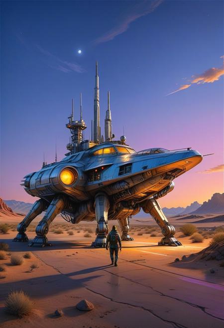 (cel-shading:2)+, (in ARTIST style:1.6), (masterpiece:1.7),  night, glow neon,
hyperrealism, glossy, shinny, clear image, accurate picture, clear picture, precise image, focused image, Science fiction style, Science fiction,
(huge Walking city), solo, outdoors, sky, cloud, desert, no human, vehicle focus, scenery, (Walking vehicle), buildings, (sharp focus:2), (best quality:1.8), night, glow neon,
(masterpiece:1.8), (highest detailed:1.8), perfectly lighted, (contrast), (saturated), (((sharp focus))),
(hyperdetailed:1.3), (intricate details:1.2), (Refined details:1.3), (best quality:1.5), highly detailed textures, vibrant colors,
(ultra sharp focus:1.8), (detailed texture:1.8), (detailed edges:1.8), (thin lines:1.8), (best quality:1.8),,