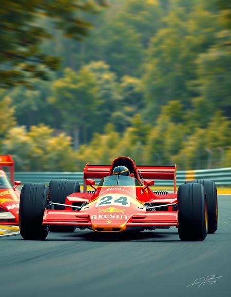 Colorful, artistic poster, Racing car, poster of 70s F1 car, 70s formula 1 for grand prix, race track, red ferrari, open wheel racing car,  car in focus, forest in background, blurry background, speed blur effect, green trees, vintage, flat colors, 1970s, retro advertisement, poster