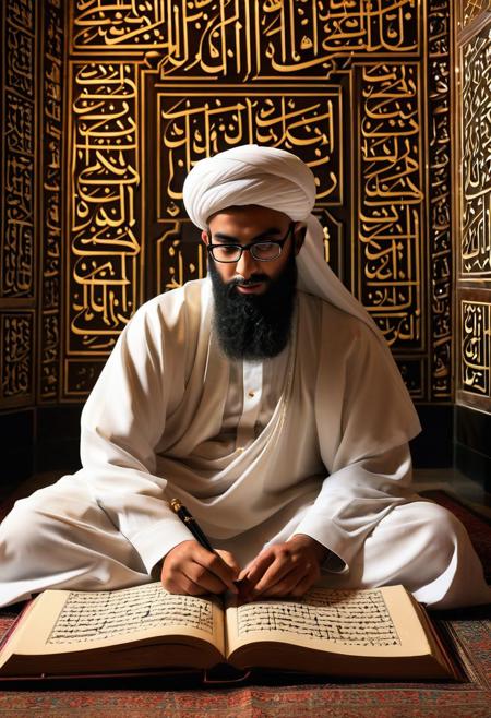 Ornate robes, scholarly turban, Arabic calligraphy, Islamic enlightenment, ancient manuscripts, mathematical genius, intellectual discourse, Islamic scholarship, scientific inquiry, cultural exchange, Arabian Nights, poetic verse, Arabic poetry, philosophical inquiry, academic pursuit.
cinematic, sharp focus, intricate, cinematic, dramatic light