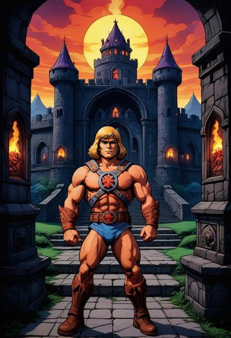 portrait of he-man from Masters of the Universe in his dark evil foreboding Castle Grayskull  menacing torchlight