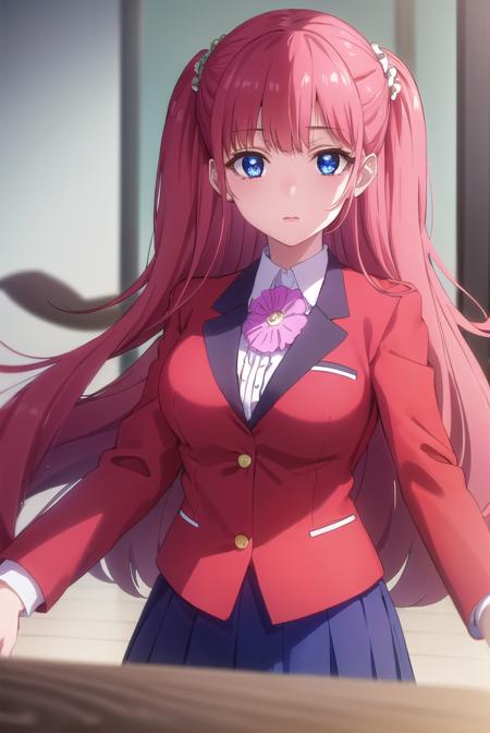 yumemiyumemite, <lora:yumemi yumemite s2-lora-nochekaiser:1>,
yumemi yumemite, long hair, blue eyes, very long hair, pink hair, two side up,
BREAK skirt, shirt, school uniform, jacket, white shirt, pleated skirt, collared shirt, black skirt, blazer, (red jacket:1.5),
BREAK indoors, classroom,
BREAK looking at viewer, (cowboy shot:1.5),
BREAK <lyco:GoodHands-beta2:1>, (masterpiece:1.2), best quality, high resolution, unity 8k wallpaper, (illustration:0.8), (beautiful detailed eyes:1.6), extremely detailed face, perfect lighting, extremely detailed CG, (perfect hands, perfect anatomy),