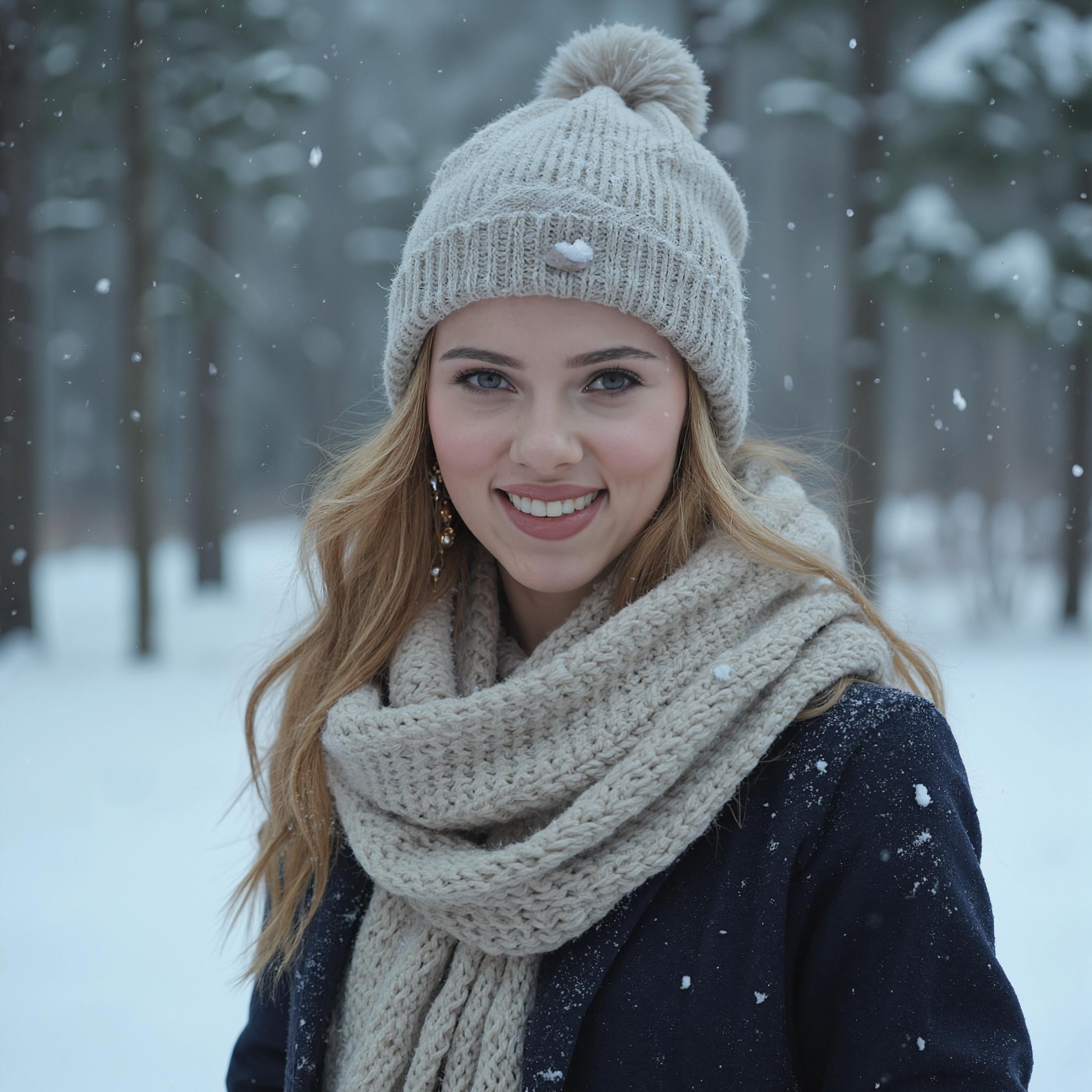 A stunning portrait of Scarlett Johansson standing in a serene snowy forest. The scene captures her amidst a gentle snowfall, with delicate snowflakes drifting around her and collecting on the ground. The forest is enveloped in a tranquil, wintry atmosphere, with snow-covered evergreen trees and a soft, powdery blanket of snow covering the forest floor.

Scarlett Johansson is dressed warmly for the winter weather. She is wearing a cozy beanie hat made from a thick, knitted material in a neutral color, such as light gray or soft cream. The beanie fits snugly on her head, with a subtle ribbed texture and perhaps a small pom-pom on top, adding a touch of charm. She is also wrapped in a soft, knitted scarf that matches or complements her beanie, draped comfortably around her neck and shoulders.

Her outfit is completed with a stylish winter coat or jacket that is both practical and fashionable, featuring a sleek design with a flattering cut. The coat is designed in a muted color, such as navy or charcoal, to blend harmoniously with the snowy landscape.

Scarlett’s expression is serene and contemplative, with a gentle smile that reflects the peaceful beauty of the snow-covered forest. Her skin is radiant against the white backdrop, and her makeup is minimal, highlighting her natural beauty with soft, rosy cheeks and a hint of color on her lips.

The background is a picturesque winter scene with tall, snow-laden trees and a muted, overcast sky that diffuses the light, casting a soft glow over the landscape. The lighting is natural and diffused, enhancing the purity and calm of the snowy environment.

The overall mood of the image is serene, elegant, and reflective, capturing the tranquil beauty of winter and Scarlett Johansson’s effortless grace.