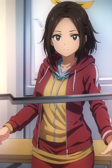 hikarihazakura, <lora:hikari hazakura s1-lora-nochekaiser:1>,
hikari hazakura, black hair, (brown eyes:1.3), hair ribbon, dark skin, dark-skinned female, smile,
BREAK jacket, pants, hood, hoodie, (red jacket:1.3),
BREAK indoors, classroom,
BREAK looking at viewer, (cowboy shot:1.5),
BREAK <lyco:GoodHands-beta2:1>, (masterpiece:1.2), best quality, high resolution, unity 8k wallpaper, (illustration:0.8), (beautiful detailed eyes:1.6), extremely detailed face, perfect lighting, extremely detailed CG, (perfect hands, perfect anatomy),