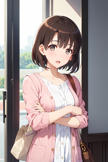 (masterpiece:1.6, best quality), (finely detailed beautiful eyes: 1.2),  ph_katou, katouhdlong, katouhd, 1girl, solo, brown hair, short hair, brown eyes, bag, open mouth, handbag, bangs, shoulder bag, blush, pink jacket,
<lora:Katou_Megumi_FB_64:1>