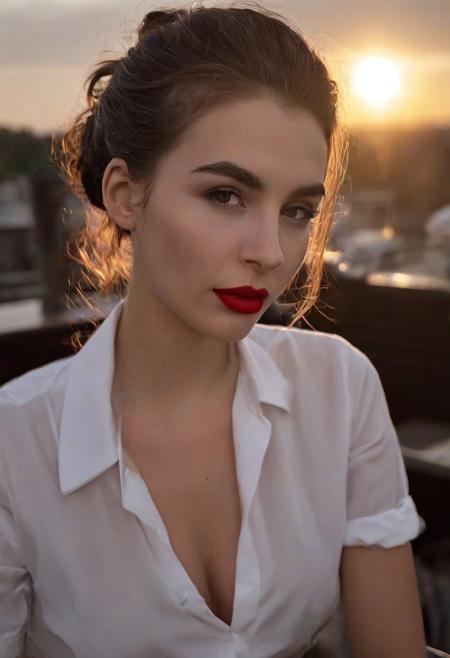 1girl, 18yo, collared shirt, forehead, hair updo, red lips, cleavage, backlight, sunset, nsfw, evening, cafe, wind, glossy sweaty skin,
highly complex, highly detailed, glowing, dramatic, ambient background, great light, quality, winning, highly contrasted, beautiful detailed