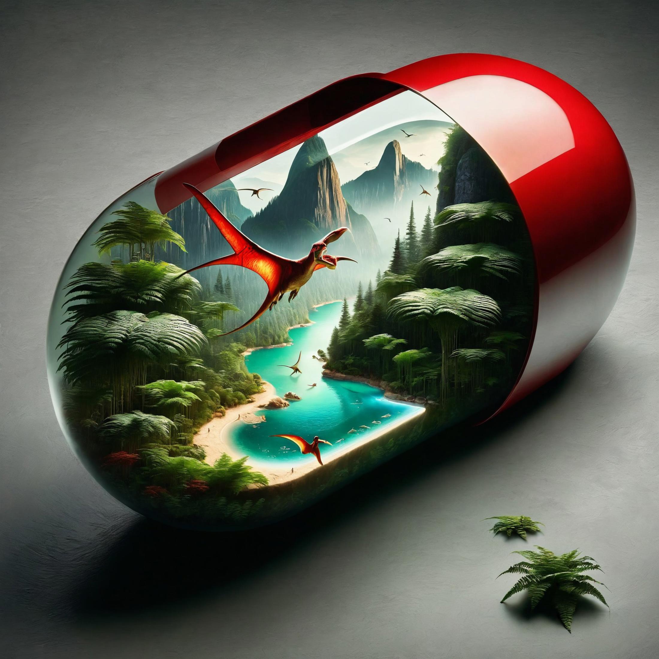 A red pill bottle with a scene of dinosaurs and a waterfall painted on it.