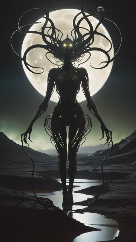 In a desolate, moonlit landscape, a lone figure emerges, their silhouette contorted and grotesque against the eerie glow. Closer inspection reveals a fusion of organic and mechanical elementsâsinister tendrils of pulsating flesh intertwining with cold, metallic structures. The figure's skin appears as if it's unraveling, revealing glimpses of something otherworldly beneath. The air is thick with an otherworldly hum, and a sickly, iridescent light emanates from the aberrant fusion. This image prompt invites exploration into the realm of body horror, prompting creative minds to unravel the unsettling narrative within this grotesque tableau