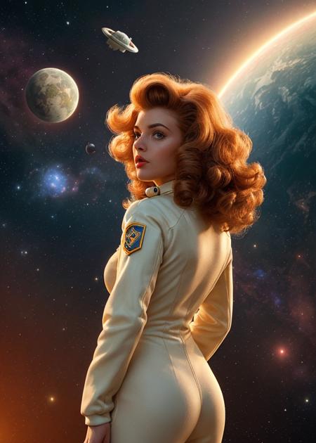 spacewoman, big hair, shaggy hair, digital photo, detailed image, sharp focus, backlight, warm colors, serenity, 50s vibe,