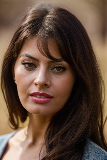 Realistic photo of a beautiful s0ph14l-v2 woman, 1girl, solo, long hair, looking at viewer, brown hair, brown eyes, parted lips, teeth, signature, lips, traditional media, portrait, realistic, nose, soft lighting, professional Photography, Photorealistic, detailed, RAW, analog, sharp focus, 8k, HD, DSLR, high quality, Fujifilm XT3, film grain, award winning, masterpiece<lora:s0ph14l-v2:1.0>