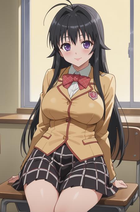 1girl, minamoto chizuru, kanokon, purple eyes, black hair, long hair, large breasts, 1girl, minamoto chizuru, kanokon, purple eyes, fox ears, fox tail, blonde hair, long hair, large breasts, school uniform, long sleeves, bow, plaid skirt, kneehighs, anime coloring, anime screencap,