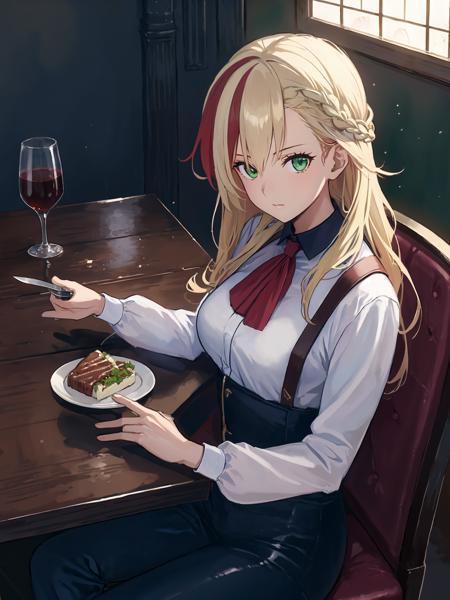 masterpiece,best quality,highres,1girl,<lora:ShadowverseNahtNaughtV1:0.75>,eating steak,using knife and fork,wine glass,bar,wooden desks and chairs,sitting across table,looking at viewer,turning head,close-up,blonde hair,green eyes,multicolored hair,black pants