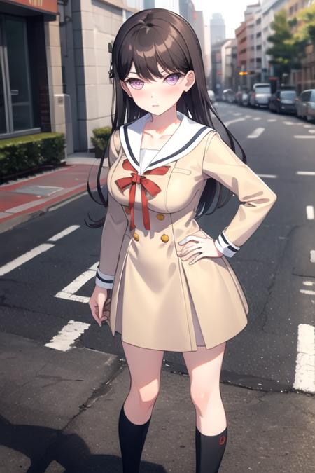 <lora:NotNiki-07:0.7 >,takimygo, 1girl, solo, long hair, looking at viewer, blush, black hair, long sleeves, dress, bow, ribbon, closed mouth, school uniform, standing, purple eyes, collarbone, sidelocks, shoes, socks, pink eyes, sailor collar, red bow, red ribbon, hand on hip, kneehighs, neck ribbon, buttons, brown footwear,  black socks, loafers, sailor dress, white sailor collar, double-breasted, brown dress, pleated dress, hanasakigawa school uniform, upper body, large breasts,