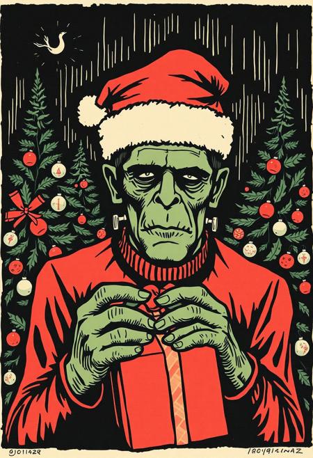 Woodblock print of Frankenstein's monster wearing a Santa hat and holding a Christmas present in front of decorated Christmas trees. Looking at viewer. woodcut. linocut