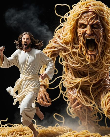 full body shot, Realistic photo of Jesus Christ running from a giant Monster made out of spaghetti, scared face expression, high detail, 4k