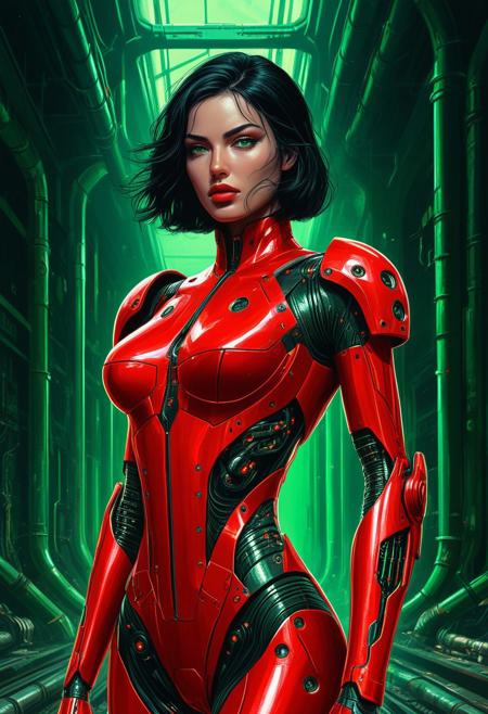 The image is a digital illustration in a detailed, vibrant, high contrast, semi-realistic art style with 90s retro futuristic anime elements without noise or comic halftone effect. The subject is a woman with dark shoulder length hair and green eyes. Her face showing a serious expression. The theme of her body is a vivid red. Her body is slender and athletic. Her body is cyborg with mechanical parts integrated into it. Her arms and chest are fully mechanical. she is wearing a red futuristic, cybernetic, high-tech suit with a vivid red color, reminiscent of military or space gear. the background features a greenish, (dark), abandined, industrial setting with metallic pipes and machinery, creating a sense of a dystopian or sci-fi environment. The compostition and the poses are dynamic. The composition is dominated by cool tones, with a muted, slightly gritty texture that enhances the gritty, futuristic atmosphere.