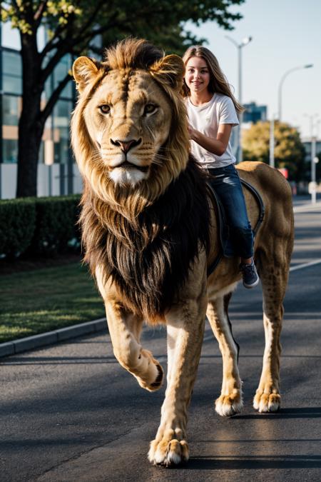 full body,photo of a 18 year old girl,riding on a oversized lion,running,happy,looking at viewer,ray tracing,detail shadow,shot on Fujifilm X-T4,85mm f1.2,sharp focus,depth of field,blurry background,bokeh,lens flare,motion blur,<lora:add_detail:1>,