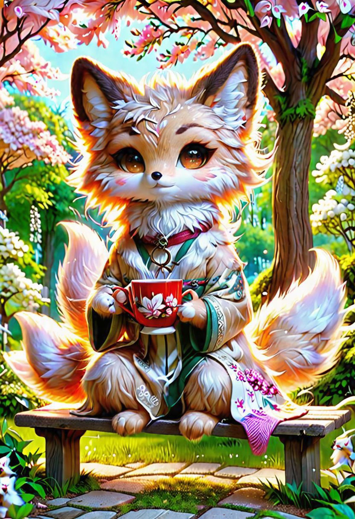 A fox-like creature wearing a green robe and holding a cup.