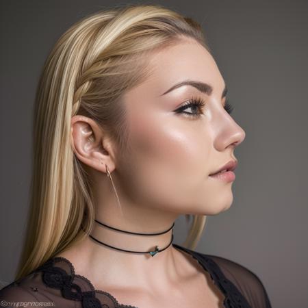 side profile portrait of a ((unbelievably stunning)) sks woman,epic (photo, studio lighting, hard light, sony a7, 50 mm, matte skin, colors, hyperdetailed, hyperrealistic), ethereal, perfect face,perfect nose, <lora:elcuthbert1-15:0.9>, wearing a black choker