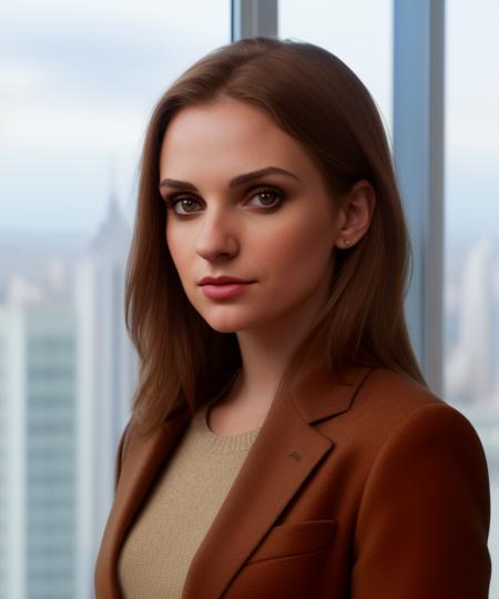 <lora:k3mp3rf1_08SD-000005:1.0>, a (medium shot) photograph of (beautiful 24 year old) (k3mp3rf1 woman:1.1) as a business mogul,wearing a (tan sweater)and(brown suit:1.2),standing in a (conference room:1.2),presenting (statistical graphs:1.3),(large windows with cityscape in background:1.3),long dark hair,jewelry,(smile:0.7),lips,makeup and eyeshadow,, cinematic photograph, photorealism, realistic lighting,(bokeh),realistic shadows,masterpiece,Award-winning, 8K wallpaper,Hyperrealistic, intricate detailed, subsurface scattering, rule of thirds, detailed pupils, 35mm photograph, detailed skin texture, (blush:0.5), (goosebumps:0.5), subsurface scattering