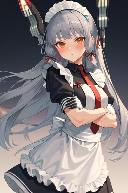 best quality, masterpiece, highres, solo, {maid:1.40}, {long maid dress:1.15}, {murakumo_kantaicollection:1.15}, long_hair, hair_ribbon, ribbon, headgear, bangs, grey_hair, sidelocks, blunt_bangs, tress_ribbon, orange_eyes, necktie, blush