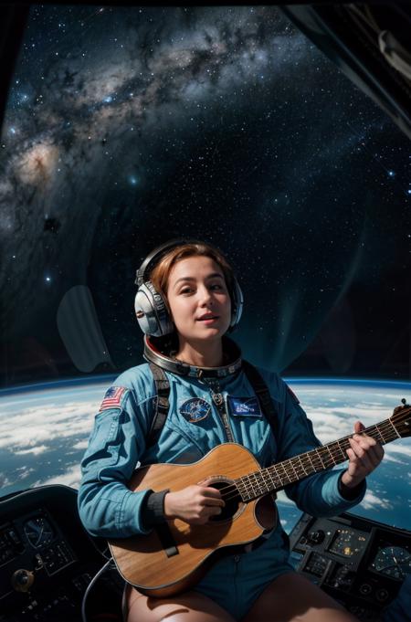 Photo of a daring and adventurous astronaut, floating in zero gravity inside a spacecraft cockpit, strumming a ukulele and singing a silly song, with stars and galaxies twinkling in the background, shot on a Hasselblad X1D II 50C with a wide-angle lens and an ethereal color palette, in style of Annette Mangaard  <lora:add_detail:0.7> <lora:epi_noiseoffset2:0.8> <lora:picxer_real:0.7>