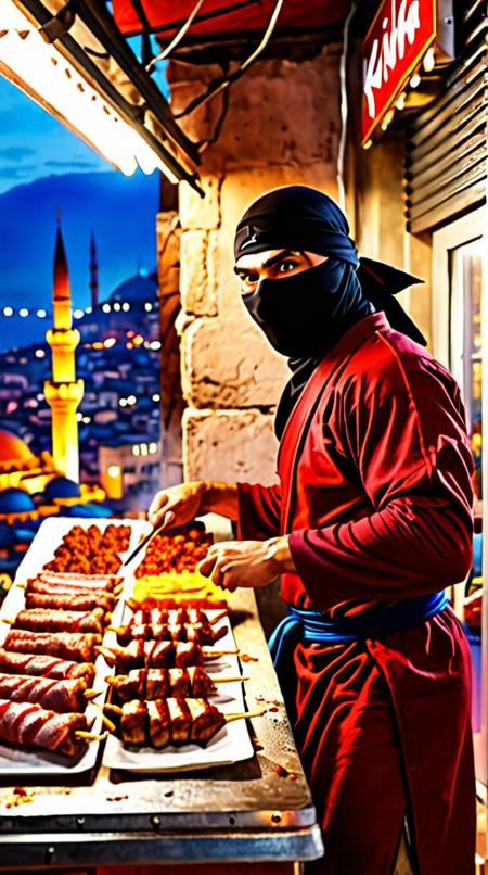 turkish kebab ninja, istanbul city background,  
good lighting, crisp vibrant detailed soft painterly digital art, volumetric lighting, natural lighting, realistic lighting, vibrant colors, painterly realism, depth of field, subtle soft details, vivid, fresh, striking