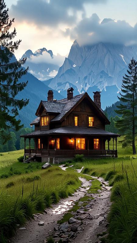 The image depicts a picturesque scene of a rustic wooden house nestled in a mountainous landscape. The house has a charming, old-fashioned design with a steep roof, multiple chimneys, and a wrap-around porch. The windows are glowing with a warm, inviting light, suggesting that the house is inhabited and cozy. Surrounding the house are tall pine trees and a lush green meadow, adding to the serene and natural atmosphere. A dirt and stone path leads up to the house, winding through the grass and rocks. In the background, majestic mountains rise, their peaks partially shrouded in mist and clouds, creating a dramatic and awe-inspiring backdrop. The overall scene is bathed in soft, golden light, likely from the early morning or late afternoon sun, which enhances the tranquil and idyllic mood of the image. 