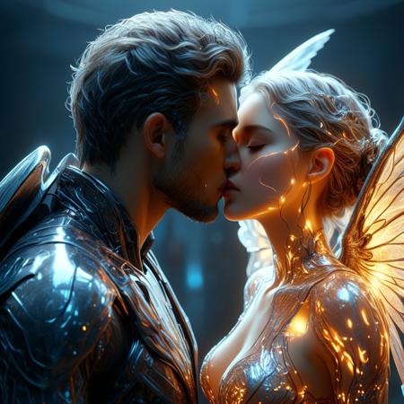 brutal biomechanical man kissing a beautiful female angel, magical, sci-fi, beautiful, unimaginable, 
very dramatic, naturalistic, photorealistic, highly detailed digital art, science vs fantasy, 
accurate intricate and realistic anatomy, 
soft lighting, Cinematic, Color Grading, Editorial Photography, volumetric lighting, atmospheric, Photography, 
Photoshoot, insanely detailed and intricate, hypermaximalist, elegant, hyper realistic, volumetric lighting, 
ray tracing, unreal engine, 3d, octane render, cinematic HD, 32k, 3D Megapixel, Pro Photo RGB, VR, Half Backlight, Backlight, Natural Light, Incandescent, Moody Lighting, 
Cinematic Lighting, Soft Lighting, Surround, Beautiful Lighting, Accent Lighting, Global Illumination, Global 
Ray tracing lighting, Scattering, Glow, Shadows, Rough, Flicker, Ray tracing reflections, Lumen reflections, 
Screen space reflections, Diffractive gradation, Chromatic aberration, GB Displacement, Scan Lines, Anti-Aliasing,
 FKAA, TXAA, RTX, SSAO, Shaders , OpenGL-Shaders, GLSL-Shaders, Post Processing, Post-Production, Cell Shading, 
Tone Mapping, CGI, VFX, SFX, insane ly d detailed and intricate, hyper-maximal, hyper-realistic, super-detailed, 
photography, hyper-realistic, 3D, photo-realistic, ultra-photo-realistic, ultra-detailed, intricate details, 8K, 
super-detailed, full color, ambient shading, volumetric lighting, high contrast, HDR, 3D