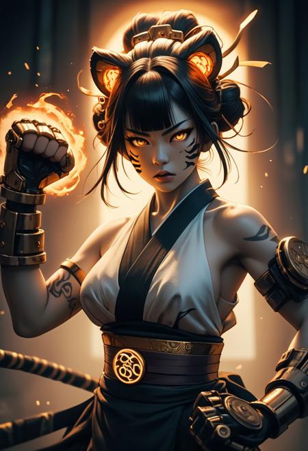 cyberpunk geisha warrior is depicted in a heroic, glorified pose, her body frozen in a powerful, dynamic karate stance. hands clenched into fists. Her hair, adorned with high-tech devices, catches the dramatic backlighting. Behind her, a fiery, abstract tiger head snarls, hinting at her fierce combat style. The scene is bathed in a golden glow, blending industrial steampunk elements with Japanese motifs, presenting her as a larger-than-life, legendary figure ready for battle. realistic photo, atmospheric haze, extremely high quality edited photograph, high contrast, edited in adobe lightroom, vivid colors, perfect white balance, using Broncolor Flash, limited dark palette, 4k, sharp focus, high resolution, 8k UHD, DSLR, high quality, film grain, Phase One, <lora:FluxMythP0rtr4itStyle.safetensors:0.5>, mythp0rt <lora:FluxDFaeTasticDetails.safetensors:0.5>,